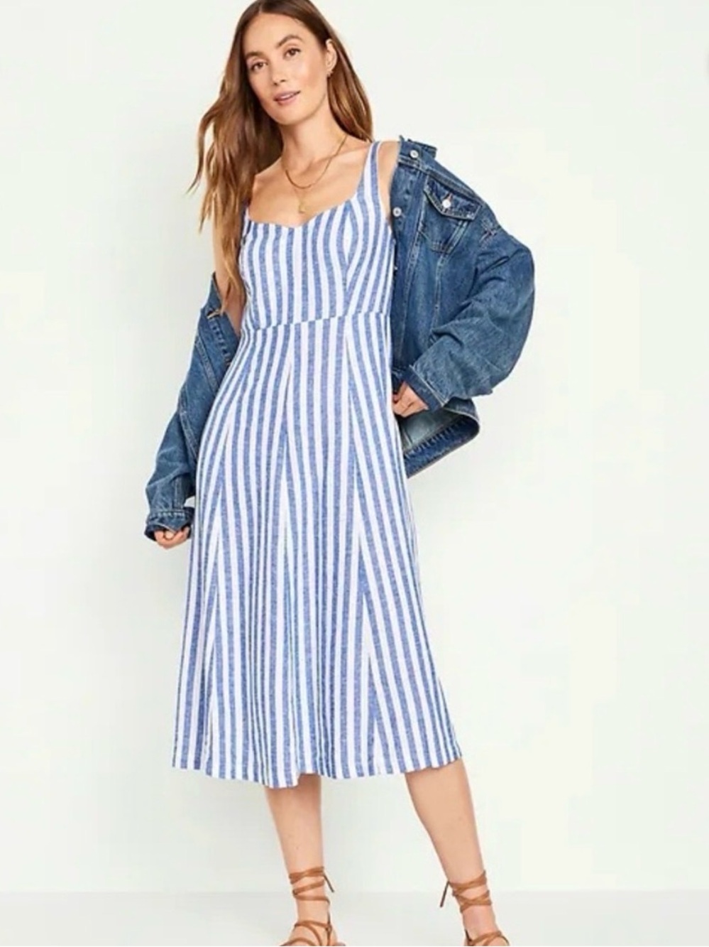 Linen Blend Striped Blue & White Midi Sundress